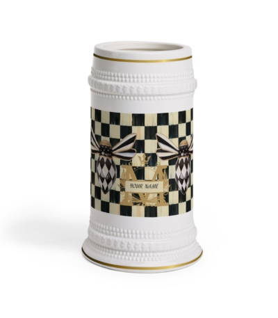 Elegant black and white ceramic mug featuring a shield and bee chess print, displayed on a wooden table, enhancing home decor