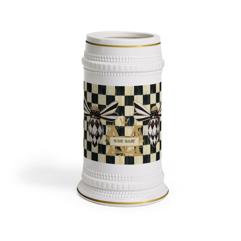 Elegant black and white ceramic mug featuring a shield and bee chess print, displayed on a wooden table, enhancing home decor