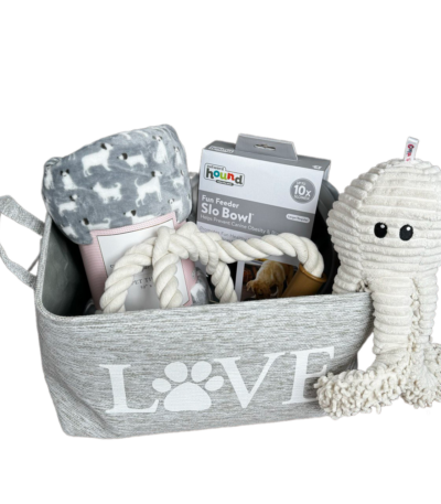 Ultimate Dog Gift Box: Fabric Basket, Cozy Blanket, Fun Feeder, Toy & Play Rope