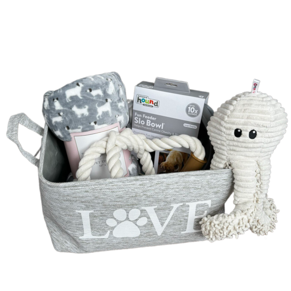 Ultimate Dog Gift Box: Fabric Basket, Cozy Blanket, Fun Feeder, Toy & Play Rope