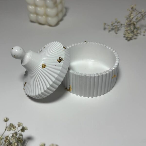 Handmade White Plaster Jewelry Box with Gold Leaf Accents and Scallop Design